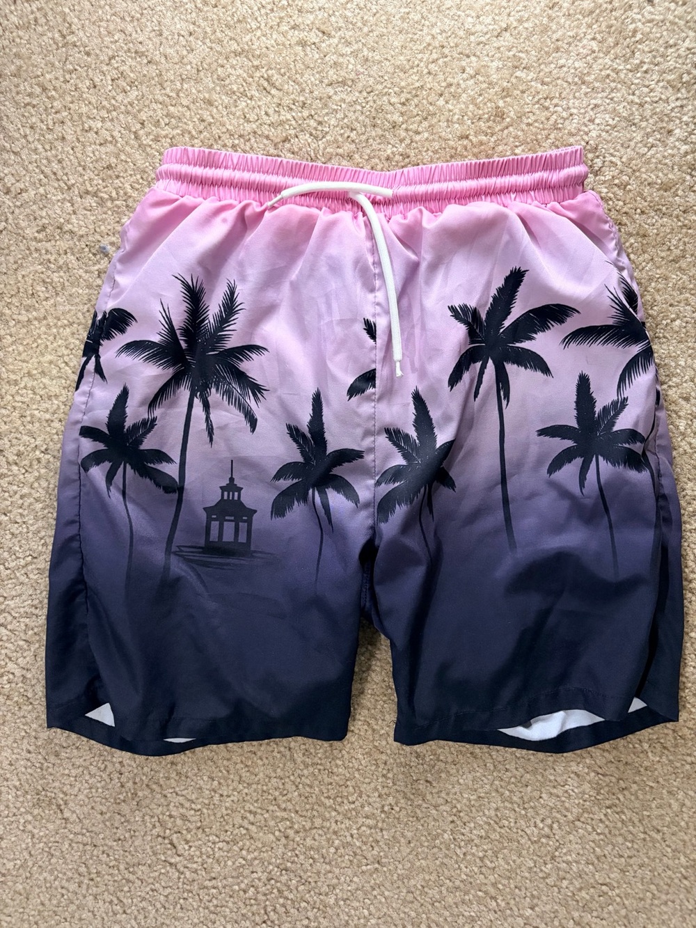 SHEIN Pink to Navy Ombre Palm-Print Swim Trunks